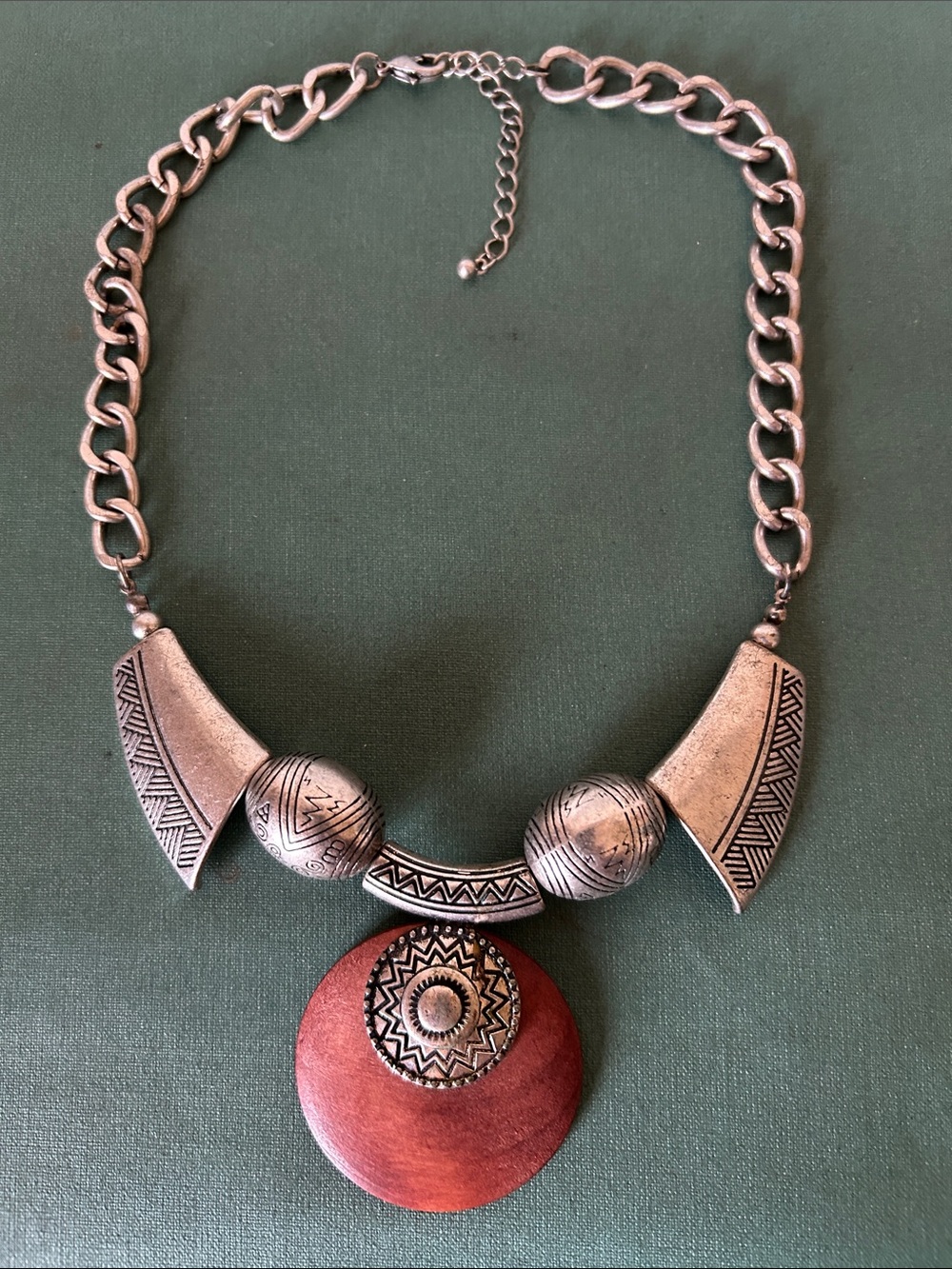 Boho Statement Necklace - Red/Wooden Pendant